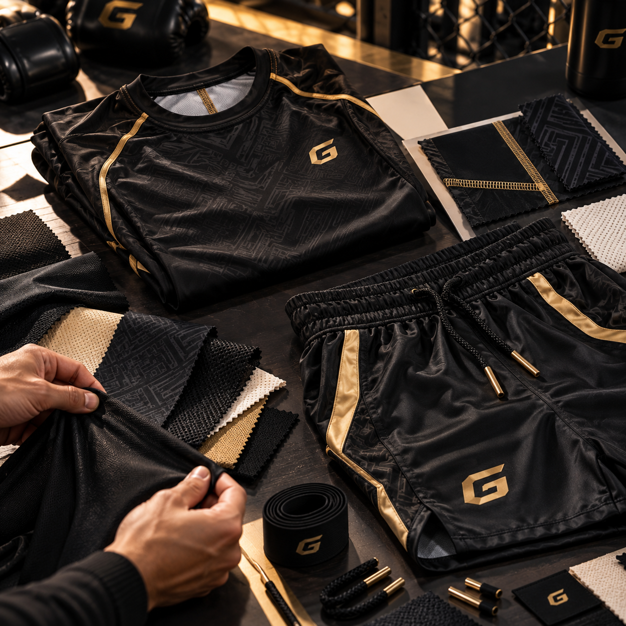 Combat sportswear fabric, fit and finish development — stretch performance fabrics, rashguard and fight short construction, waistband, trims and branding details