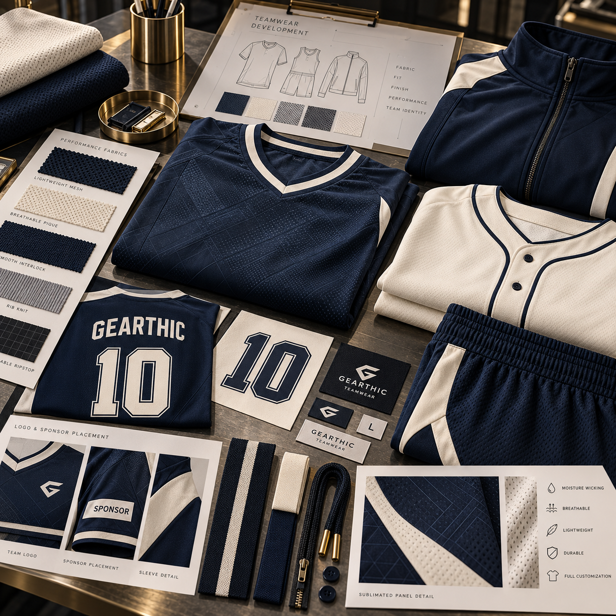 Teamwear fabric, fit and finish development — performance fabrics, jersey and shorts construction, names, numbers, trims and labels