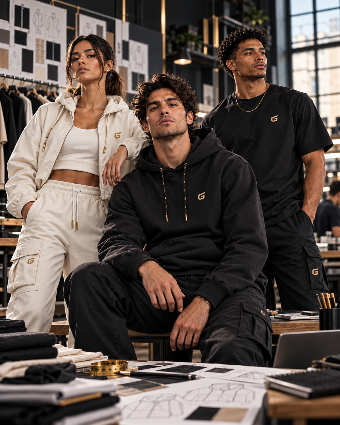 Custom streetwear — hoodies, T-shirts and cargo pants developed around a brand