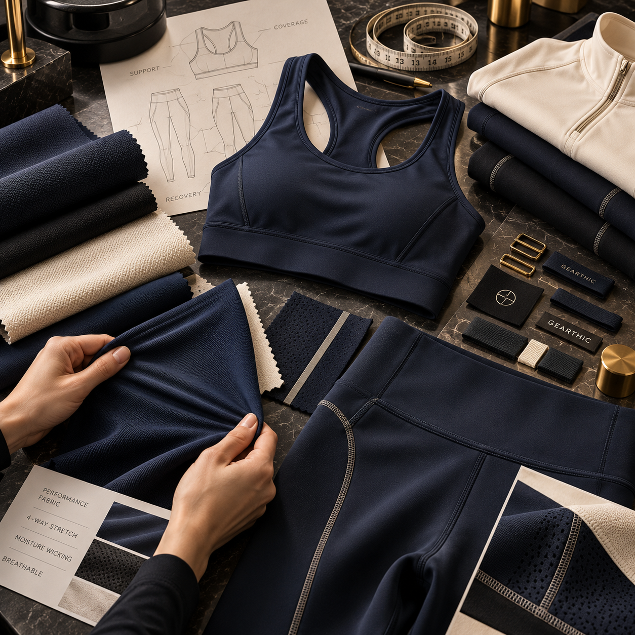 Activewear fabric, fit and finish development — navy sports bra and leggings with contrast stitching, hands testing stretch fabric, mesh and knit swatches, technical sketches, waistband and labels on a marble worktable