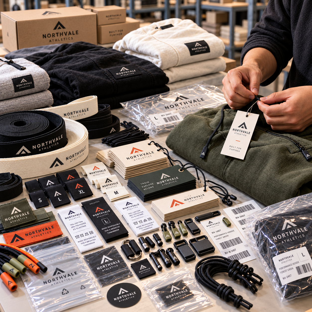 Labels, trims and finishing capability — woven labels, hang tags, trims and finishing details on finished garments
