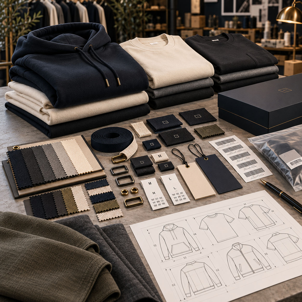 Private label development — folded navy and cream garments, fabric swatch boards, woven labels, size tabs, hang tags, drawcords, packaging box and technical specification sheets on a worktable