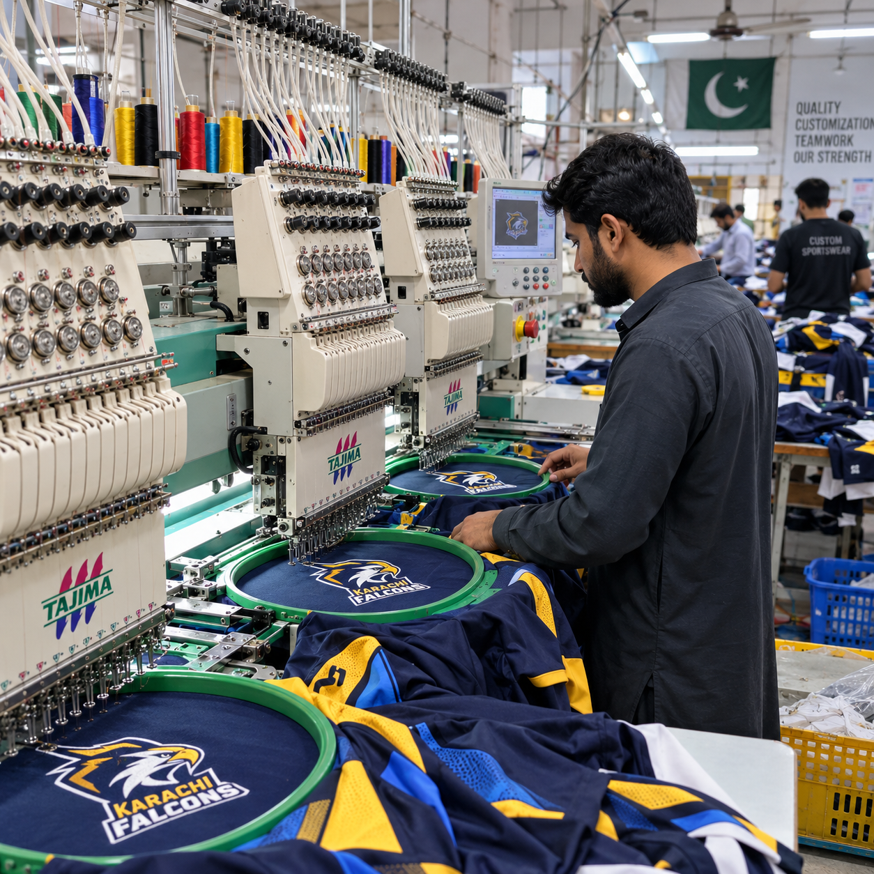 Embroidery and appliqué capability — embroidered garment details and stitching equipment on the production floor