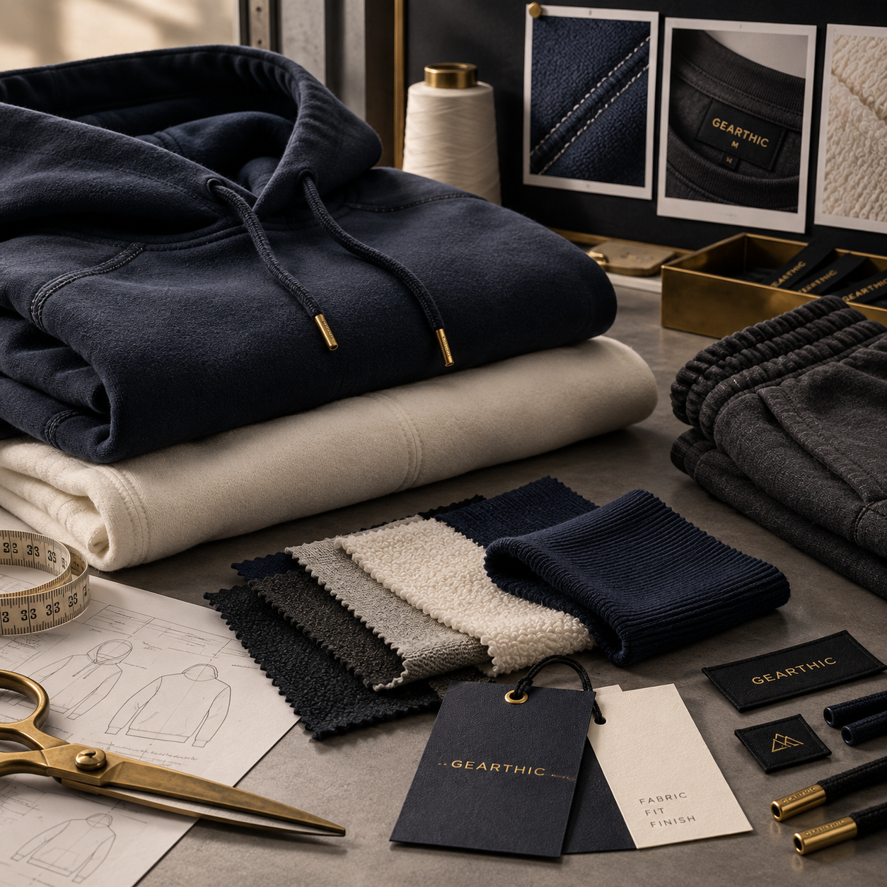 Streetwear fabric, fit and finish development — folded navy and cream hoodies, stepped fabric swatches, woven labels and hangtags, brass shears and technical hoodie sketches on a stone worktable