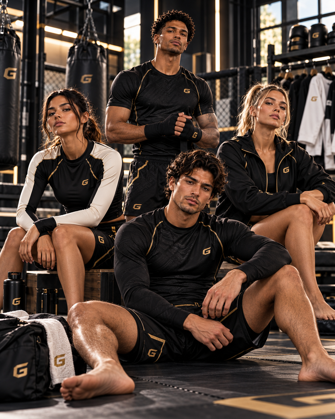 Custom combat sportswear — rashguards, fight shorts and training apparel in black and gold