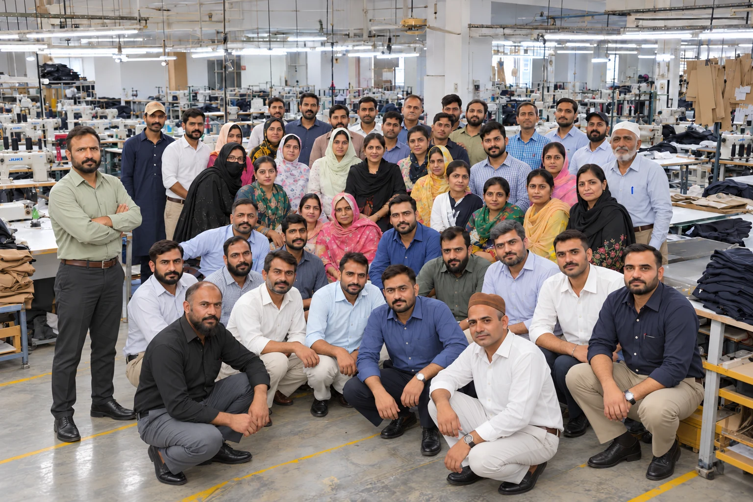 Apparel manufacturing team inside a garment production facility.